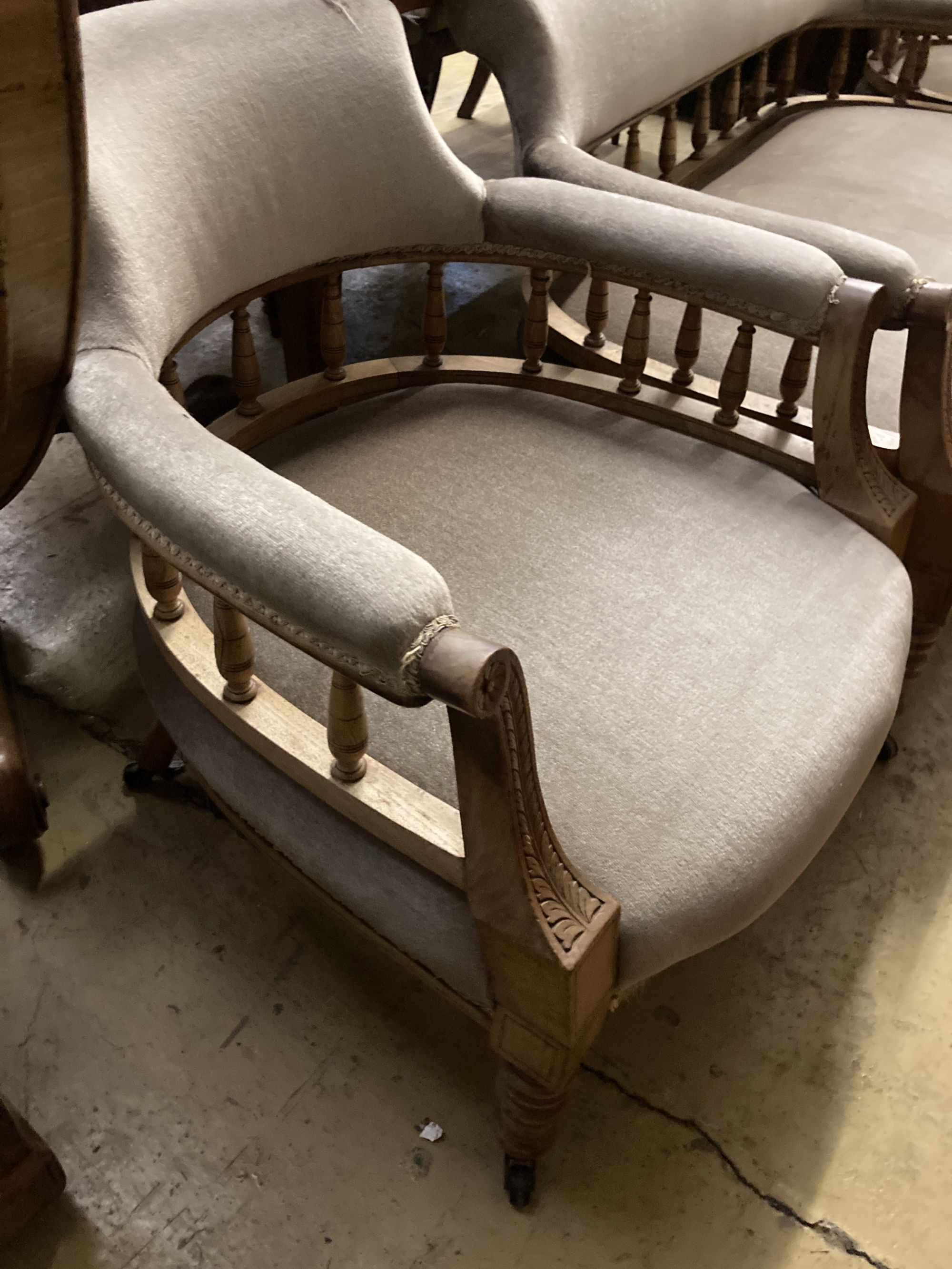 A late Victorian mahogany framed three piece salon suite, settee length 128cm, depth 70cm, height 68cm